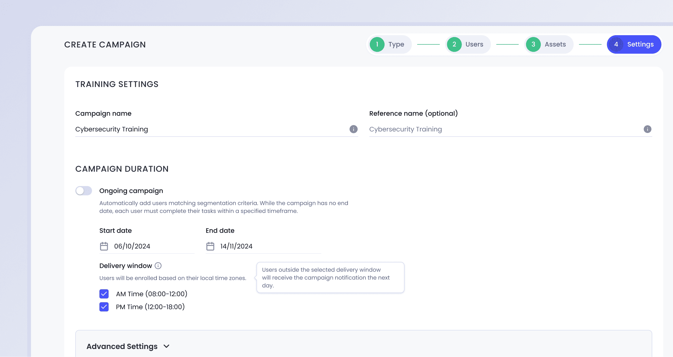 Time zone delivery window in Campaign Creation > Step 4